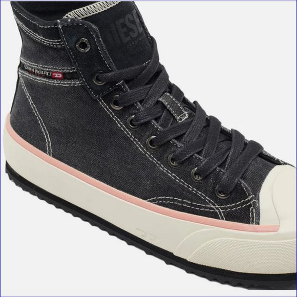 DIESEL S-Principia Mid Lace up Platform Sneakers Denim Canvas Shoes Black Coral - Picture 4 of 11